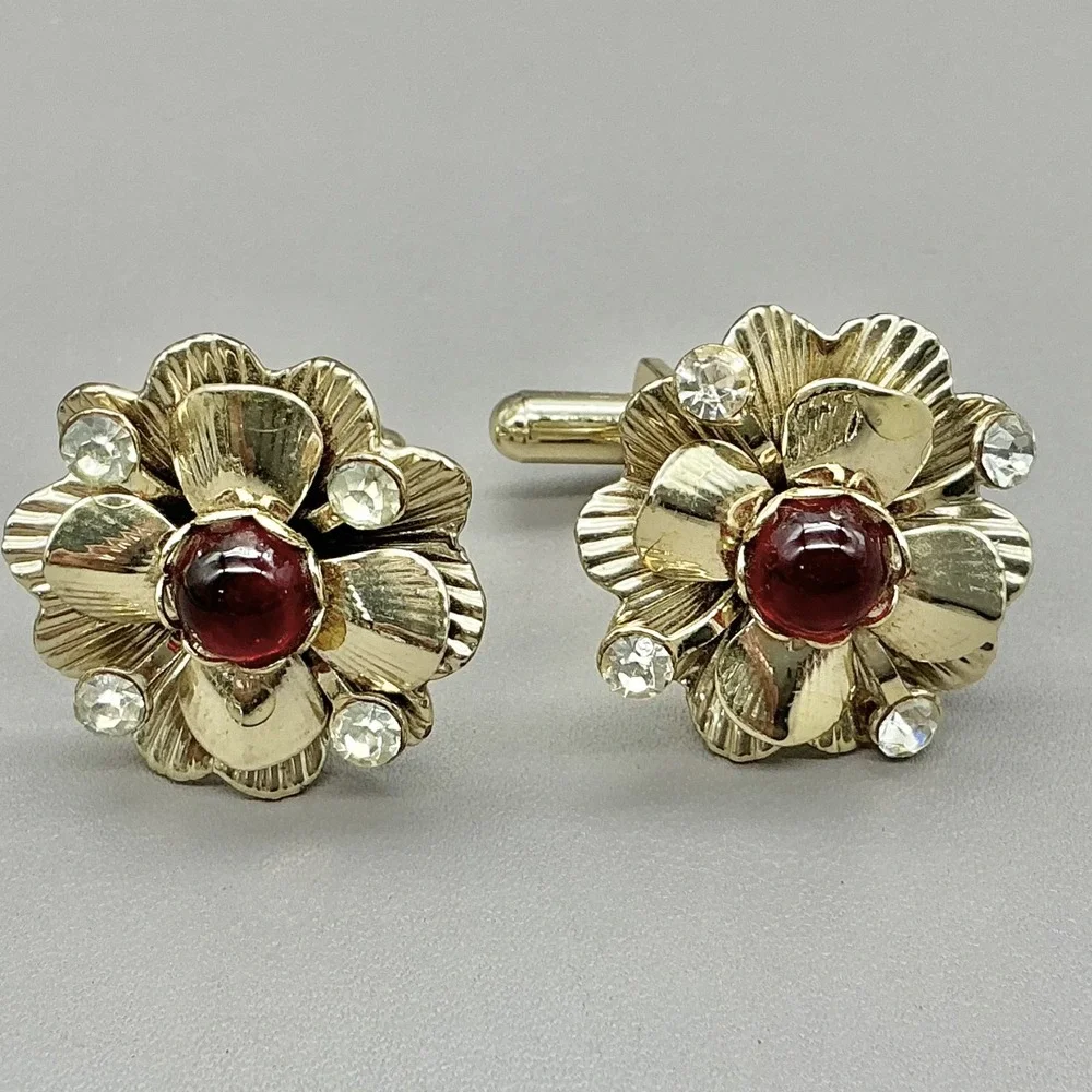 Vintage Floral Cufflinks Gold Tone Red Cabochon Rhinestone Flower Men's Jewelry